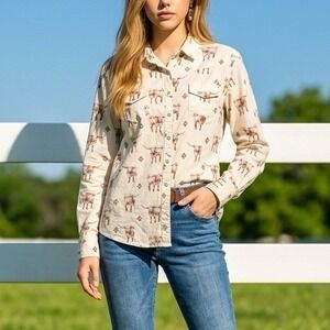 Cotton Rye Western Shirt Womens L Cream Longhorn Print Pearl Snap Cowgirl Rodeo